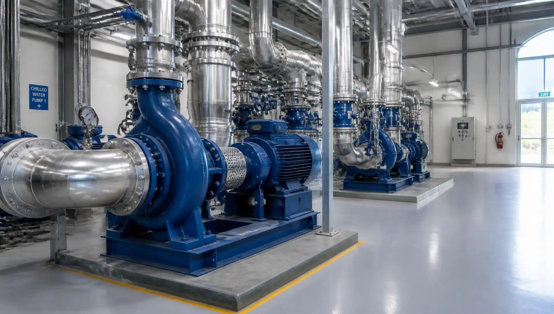 Chilled water pumps and stainless piping in a modern mechanical room